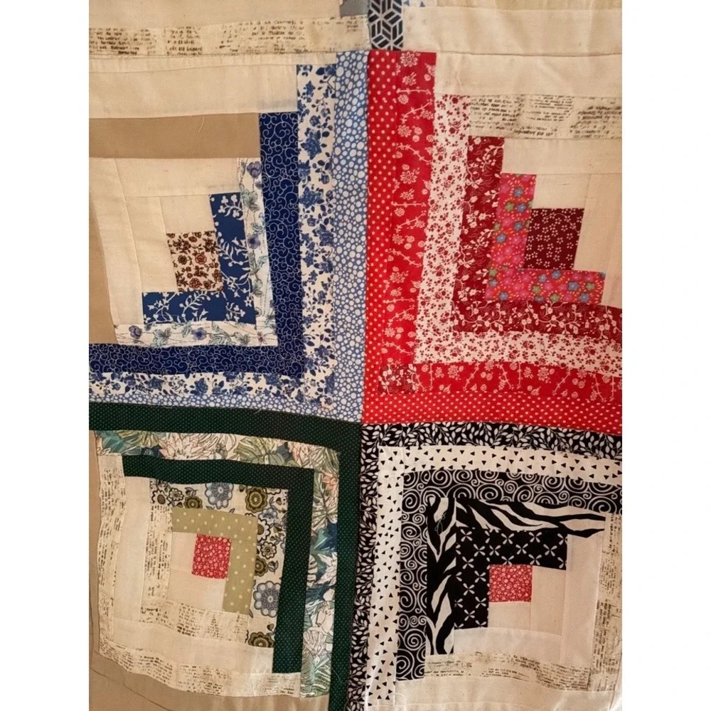 Handmade Log Cabin Patchwork Quilt Multi-Color Cotton Lap Throw 51 x 34